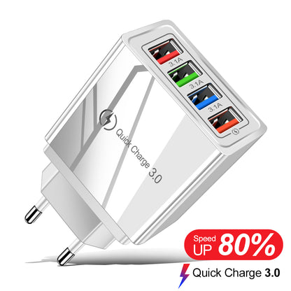 USB Charger Quick Charge 3.0 4 Ports Phone Adapter For Huawei IPhone 12 Tablet Portable Wall Mobile Charger Fast Charger