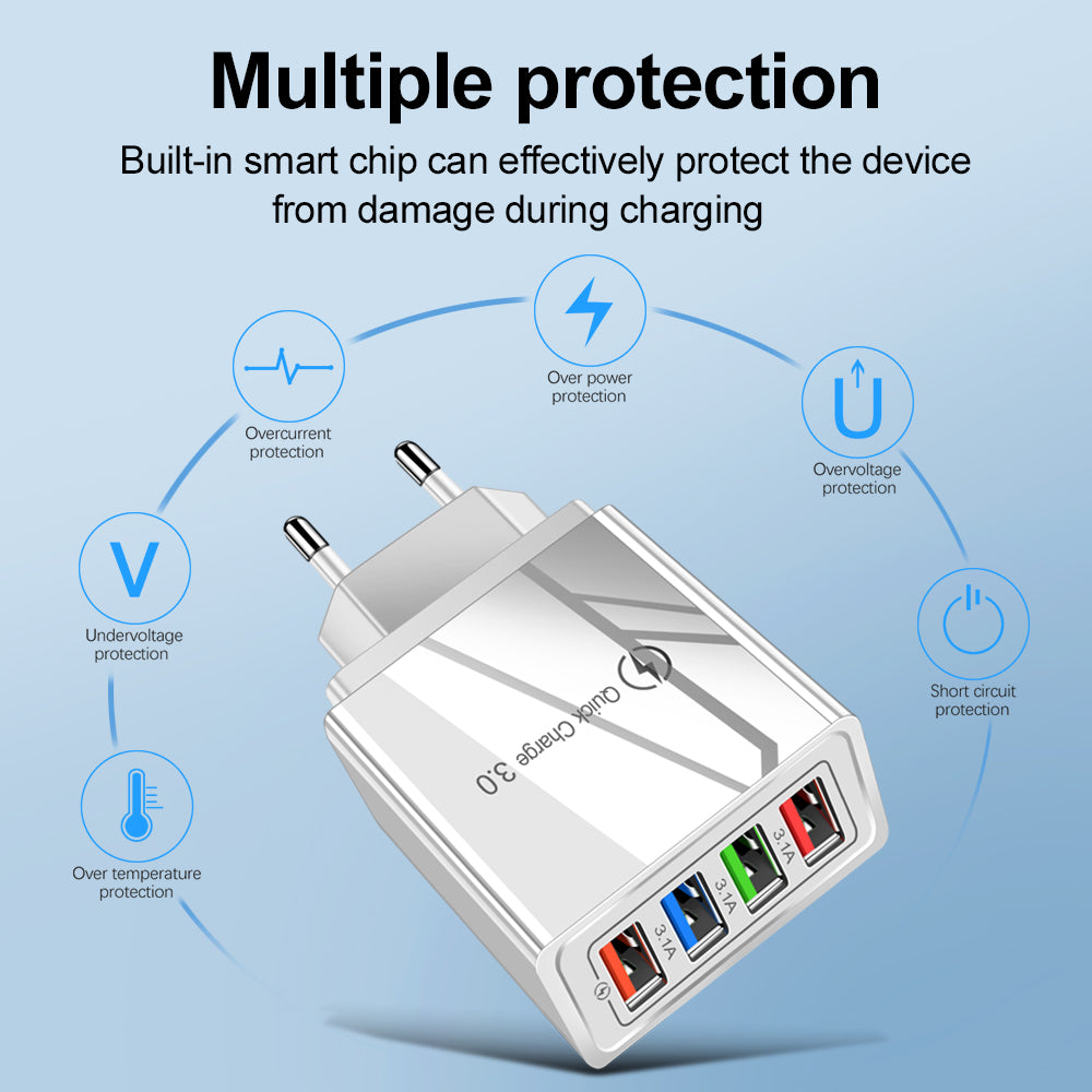 USB Charger Quick Charge 3.0 4 Ports Phone Adapter For Huawei IPhone 12 Tablet Portable Wall Mobile Charger Fast Charger