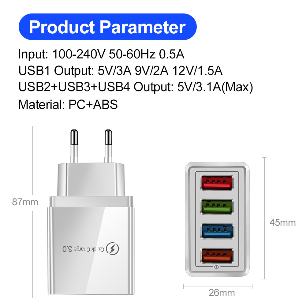 USB Charger Quick Charge 3.0 4 Ports Phone Adapter For Huawei IPhone 12 Tablet Portable Wall Mobile Charger Fast Charger