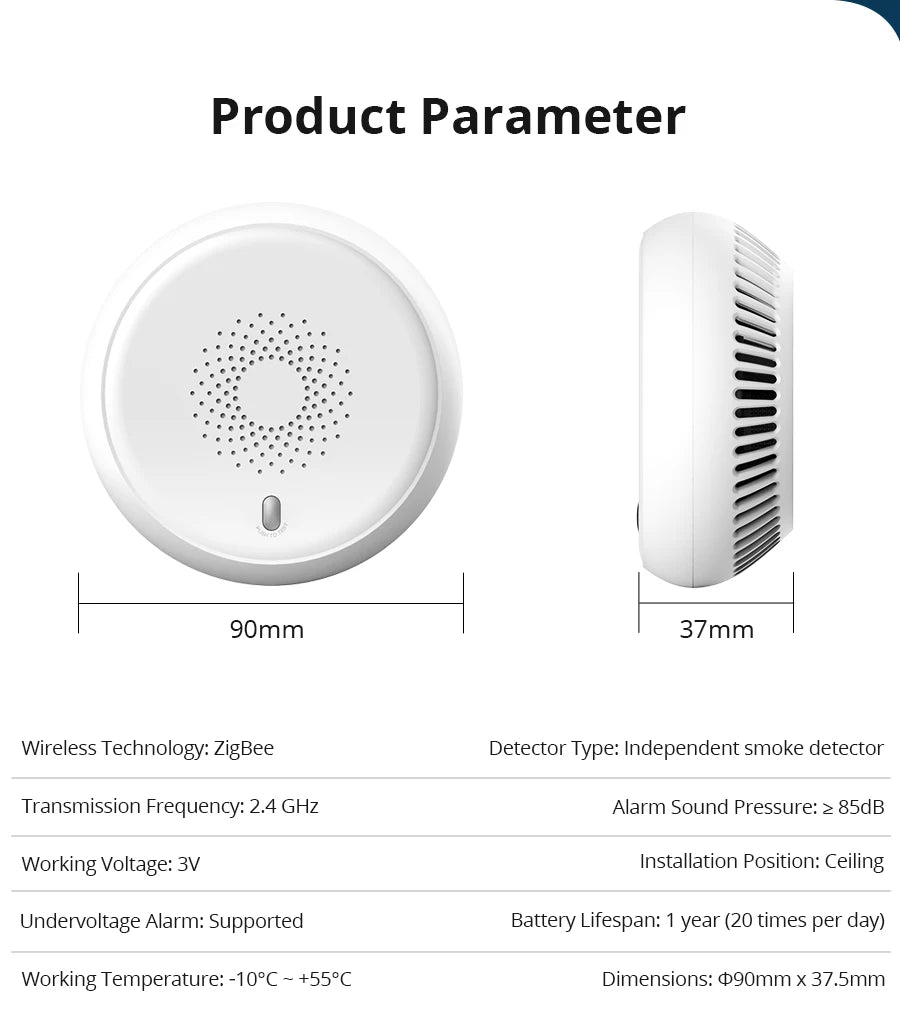 Zemismart Tuya Zigbee Smart Smoke Sensor Fire Smoke Detector Security Alarm System Linkage Smart Home Device Battery Powered