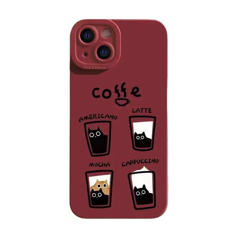 Cartoon Cat Coffe Anti Knock Cover on iPhone XR X XS Max Lens Protective Case on iPhone 11 12 13 Pro Max 7 8 14 Plus Soft Fundas