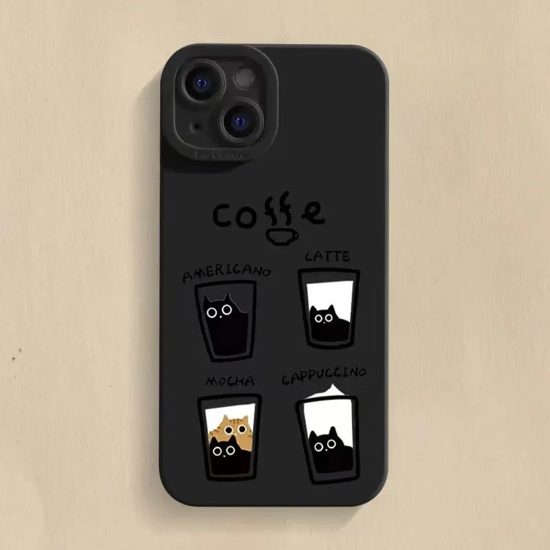 Cartoon Cat Coffe Anti Knock Cover on iPhone XR X XS Max Lens Protective Case on iPhone 11 12 13 Pro Max 7 8 14 Plus Soft Fundas