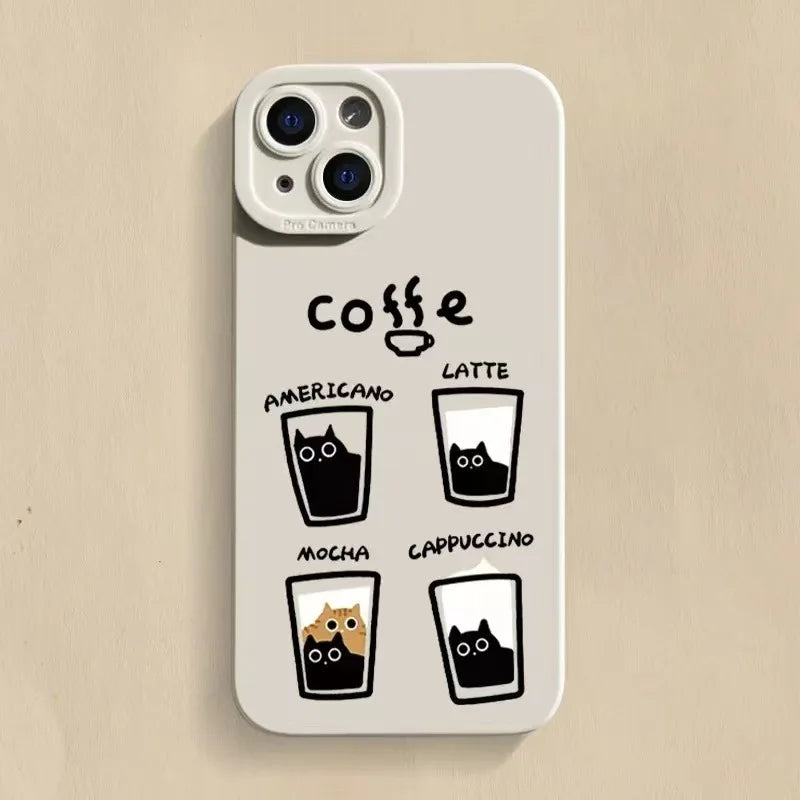 Cartoon Cat Coffe Anti Knock Cover on iPhone XR X XS Max Lens Protective Case on iPhone 11 12 13 Pro Max 7 8 14 Plus Soft Fundas