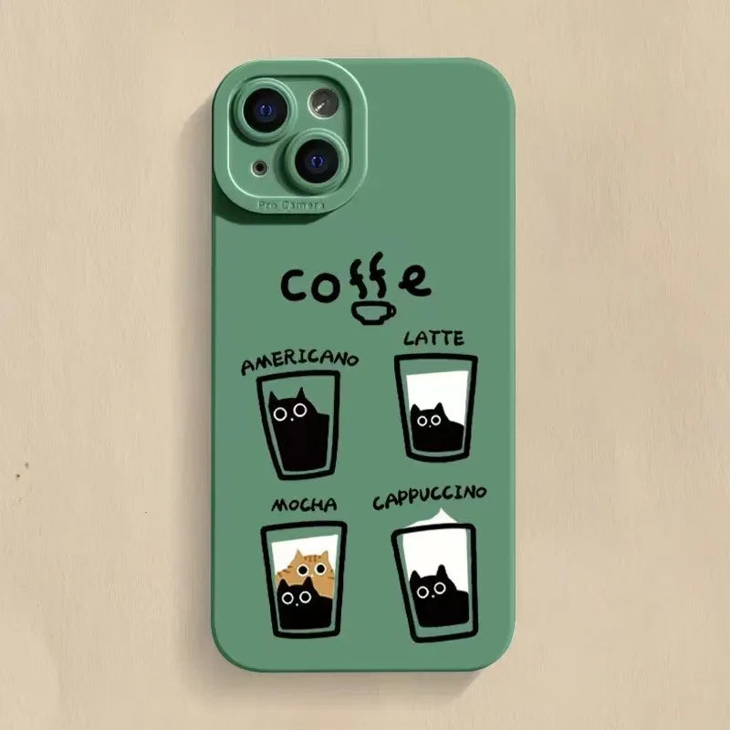 Cartoon Cat Coffe Anti Knock Cover on iPhone XR X XS Max Lens Protective Case on iPhone 11 12 13 Pro Max 7 8 14 Plus Soft Fundas