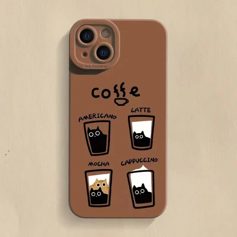 Cartoon Cat Coffe Anti Knock Cover on iPhone XR X XS Max Lens Protective Case on iPhone 11 12 13 Pro Max 7 8 14 Plus Soft Fundas