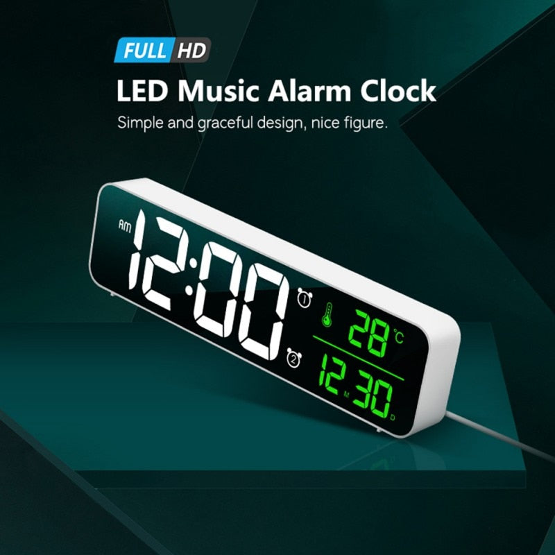 FTA LED Digital Alarm Clocks With Snooze Digital Temp Time Music Dual Clock With USB Charger Large Digit Display Brightness Dimmer