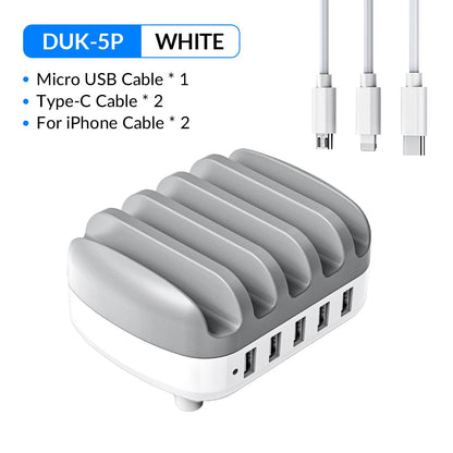 FTA 5 Ports USB Charging Station Dock with Holder 40W 5V2.4A USB Charging Free USB Cable for iPhone PC Tablet