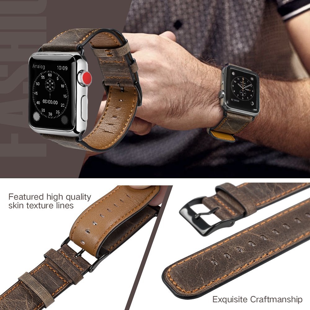 Watch band 44mm 40mm iWatch 42mm 38mm Retro Cow Leather watchband bracelet correa for iwatch series 6 5 4 3 2 SE compatible with apple.