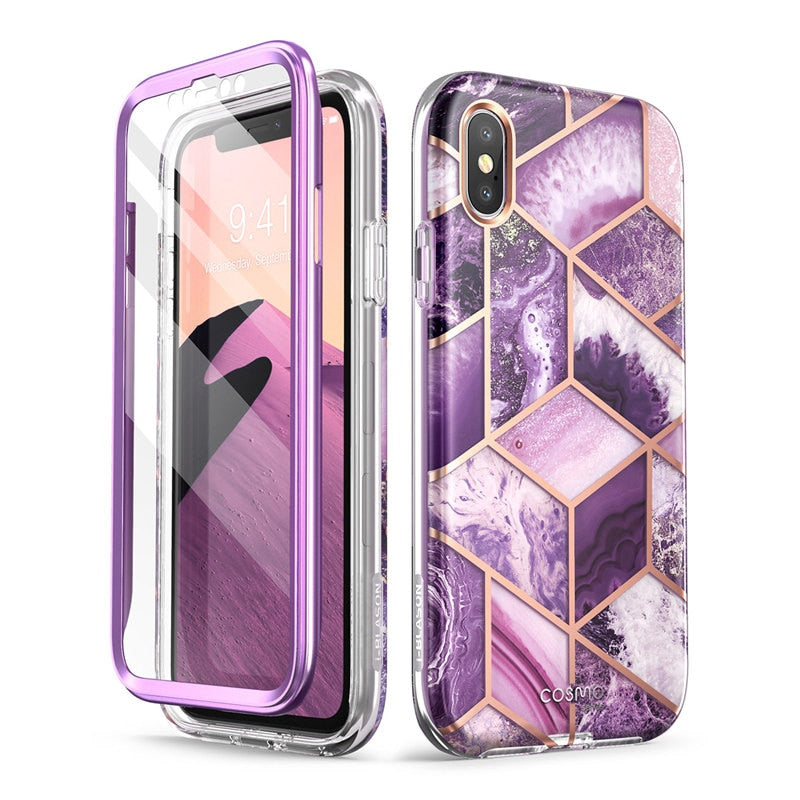 Case protector for iPhone X Xs Case 5.8 inch  Full-Body Shinning Glitter Marble Bumper Case WITH Built-in Screen Protector.