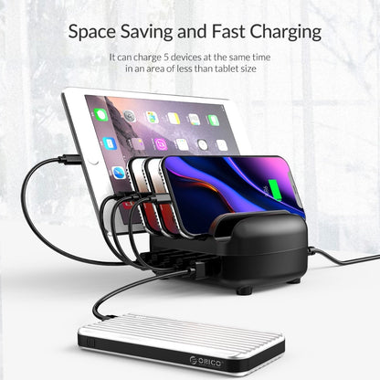 FTA 5 Ports USB Charging Station Dock with Holder 40W 5V2.4A USB Charging Free USB Cable for iPhone PC Tablet