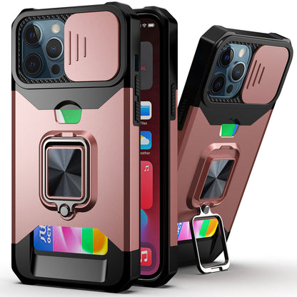 Cover for iPhone 13 12 11 Pro Max Case Kickstand with Slide Camera, Built-in 360 Rotate Ring Stand Magnetic Card Slot Credit Cover