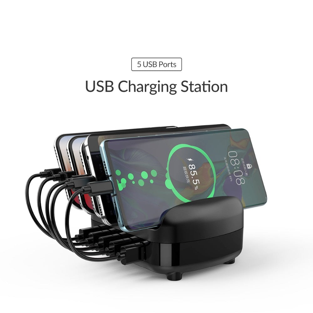 FTA 5 Ports USB Charging Station Dock with Holder 40W 5V2.4A USB Charging Free USB Cable for iPhone PC Tablet