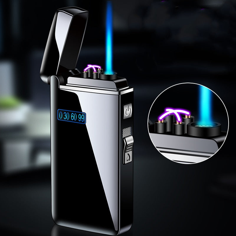 FTA New Windproof Metal USB Lighter Torch Turbo Lighter Jet Dual Arc LED Lighter Gas Chargeable Electric Butane Pipe Cigar Lighter