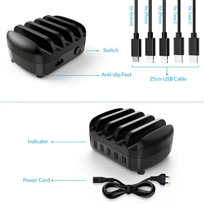 FTA 5 Ports USB Charging Station Dock with Holder 40W 5V2.4A USB Charging Free USB Cable for iPhone PC Tablet