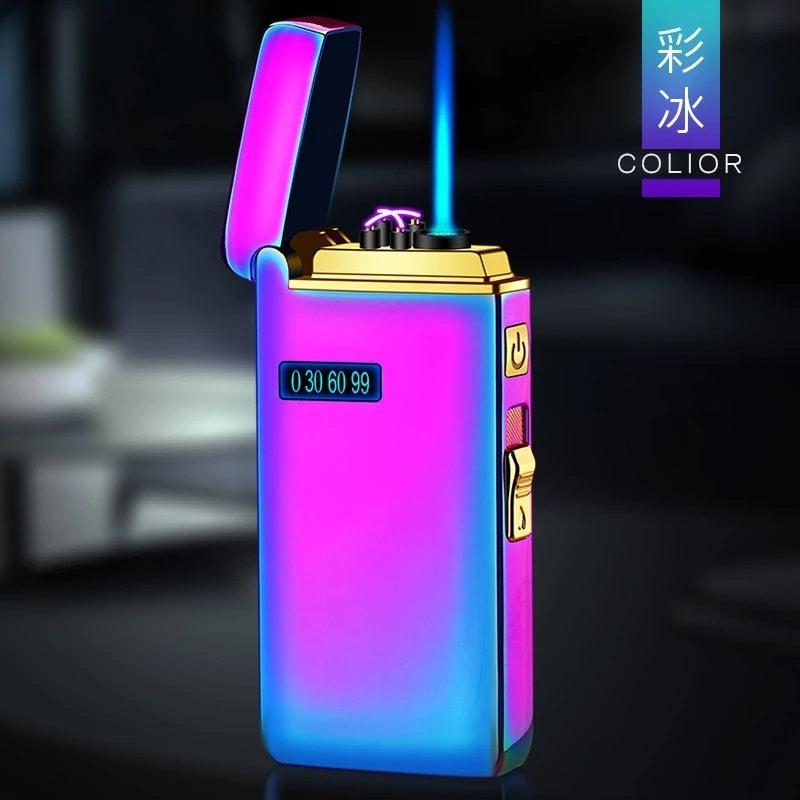 FTA New Windproof Metal USB Lighter Torch Turbo Lighter Jet Dual Arc LED Lighter Gas Chargeable Electric Butane Pipe Cigar Lighter