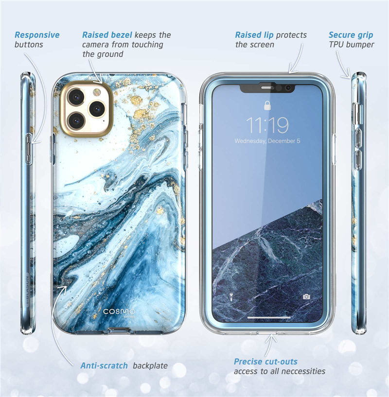 Case protector for iPhone 11 Pro Case 5.8" (2019) Cosmo Full-Body Shinning Glitter Marble Bumper Case with Built-in Screen Protector