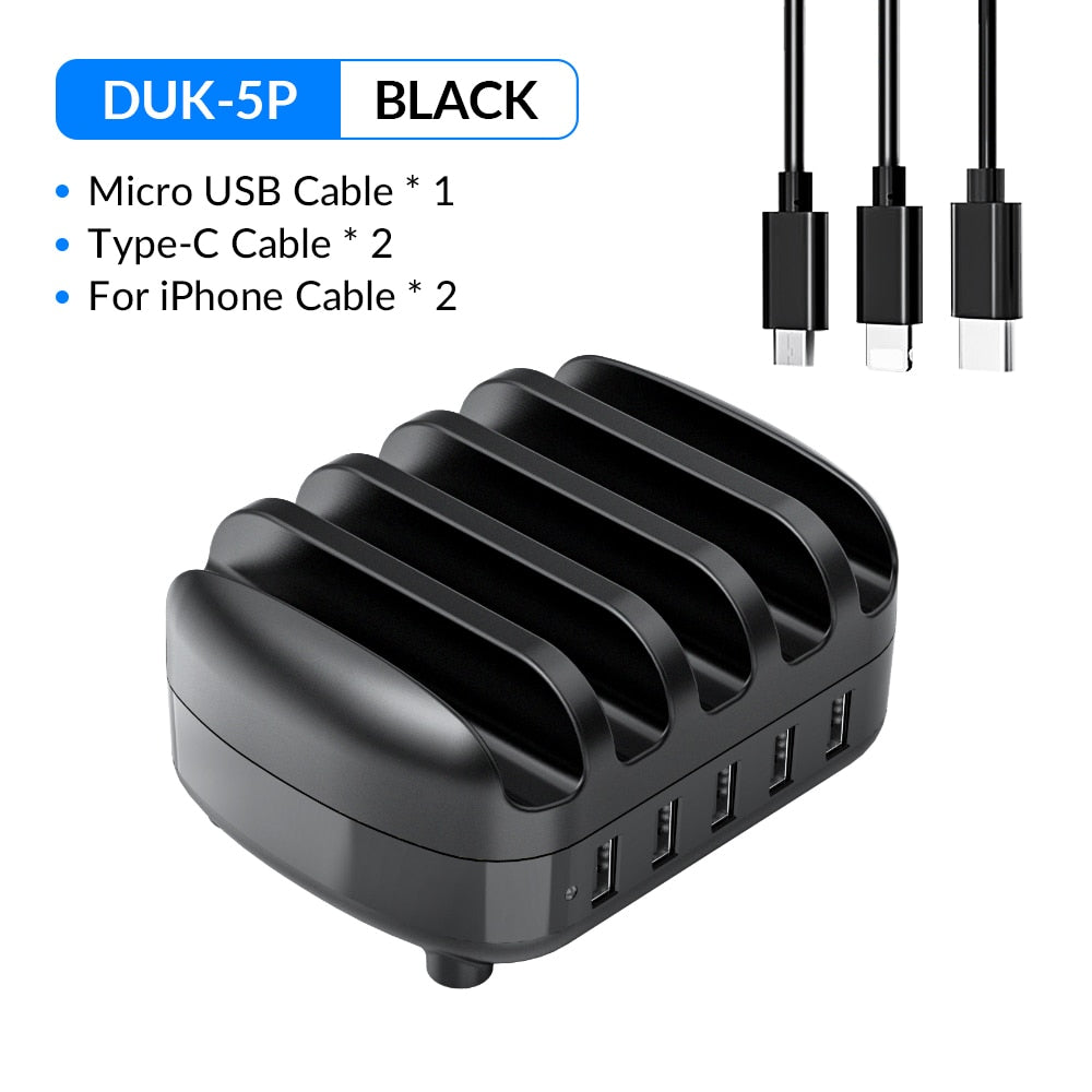 FTA 5 Ports USB Charging Station Dock with Holder 40W 5V2.4A USB Charging Free USB Cable for iPhone PC Tablet