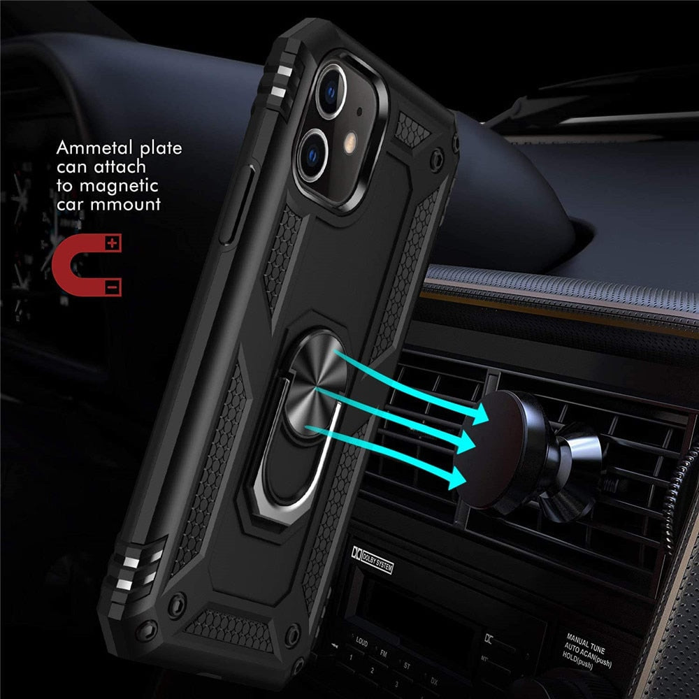 FTA Shockproof Phone Case with 2pcs Glass For iphone 11 Pro XR X XS Max 7 8 6 6s Plus Full Cover Car Magnetic Ring Kickstand Cases Compatible with apple.