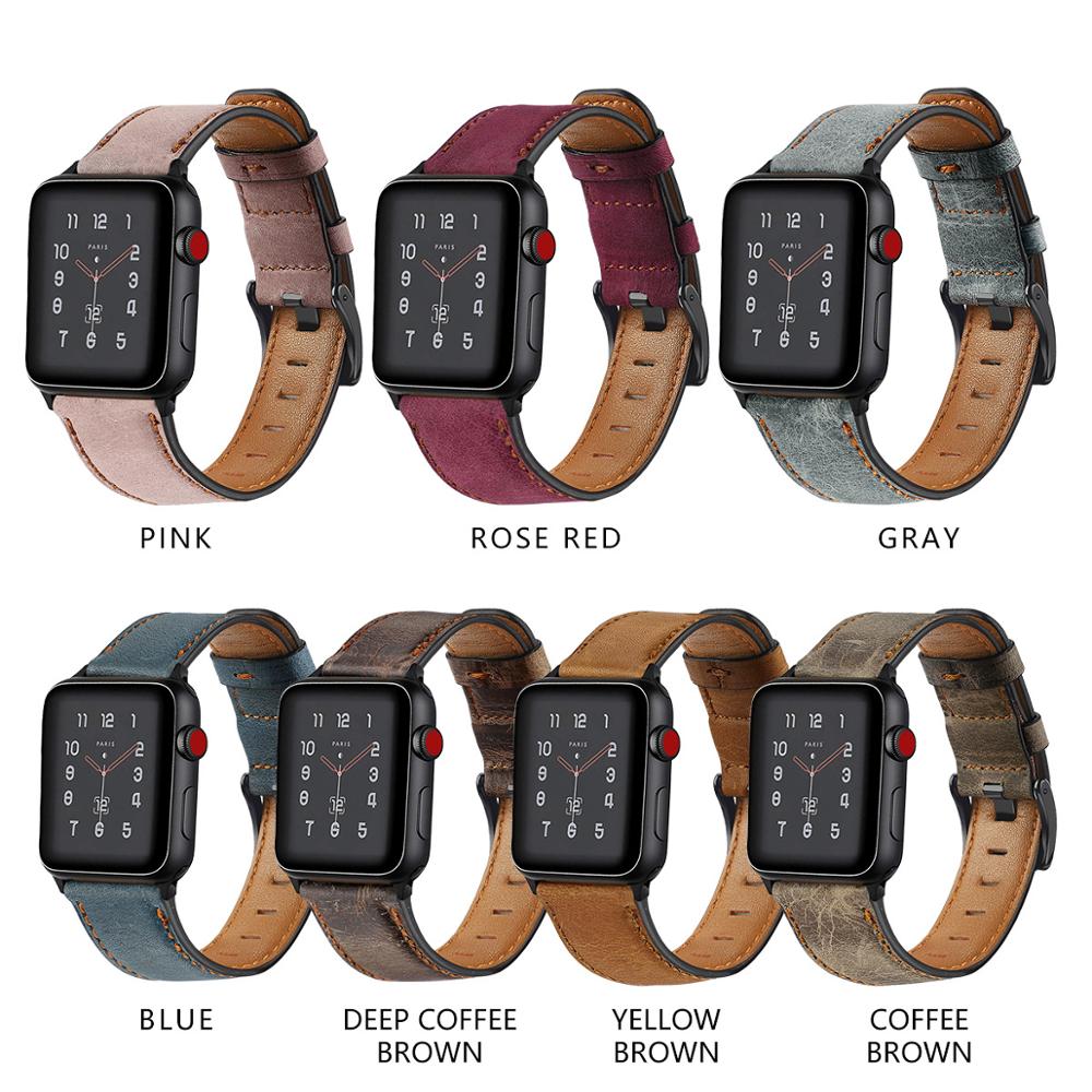 Watch band 44mm 40mm iWatch 42mm 38mm Retro Cow Leather watchband bracelet correa for iwatch series 6 5 4 3 2 SE compatible with apple.