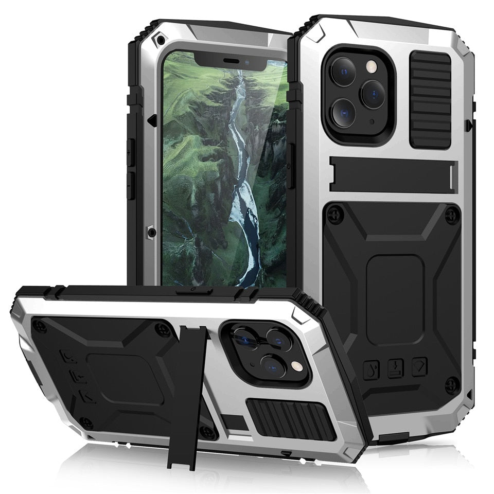 FTA Full-Body Rugged Armor Shockproof Protective Case for iPhone 14 Plus 13 12 11 Pro Max Mini Kickstand Aluminum Metal Glass Cover.