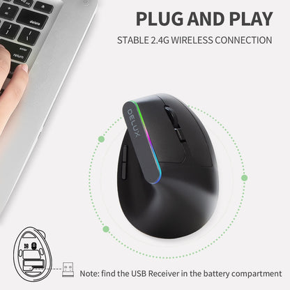 FTA Delux M618C Wireless Silent Ergonomic Vertical 6 Buttons Gaming Mouse USB Receiver RGB 1600 DPI Optical Mice With For PC Laptop and all kind of computers